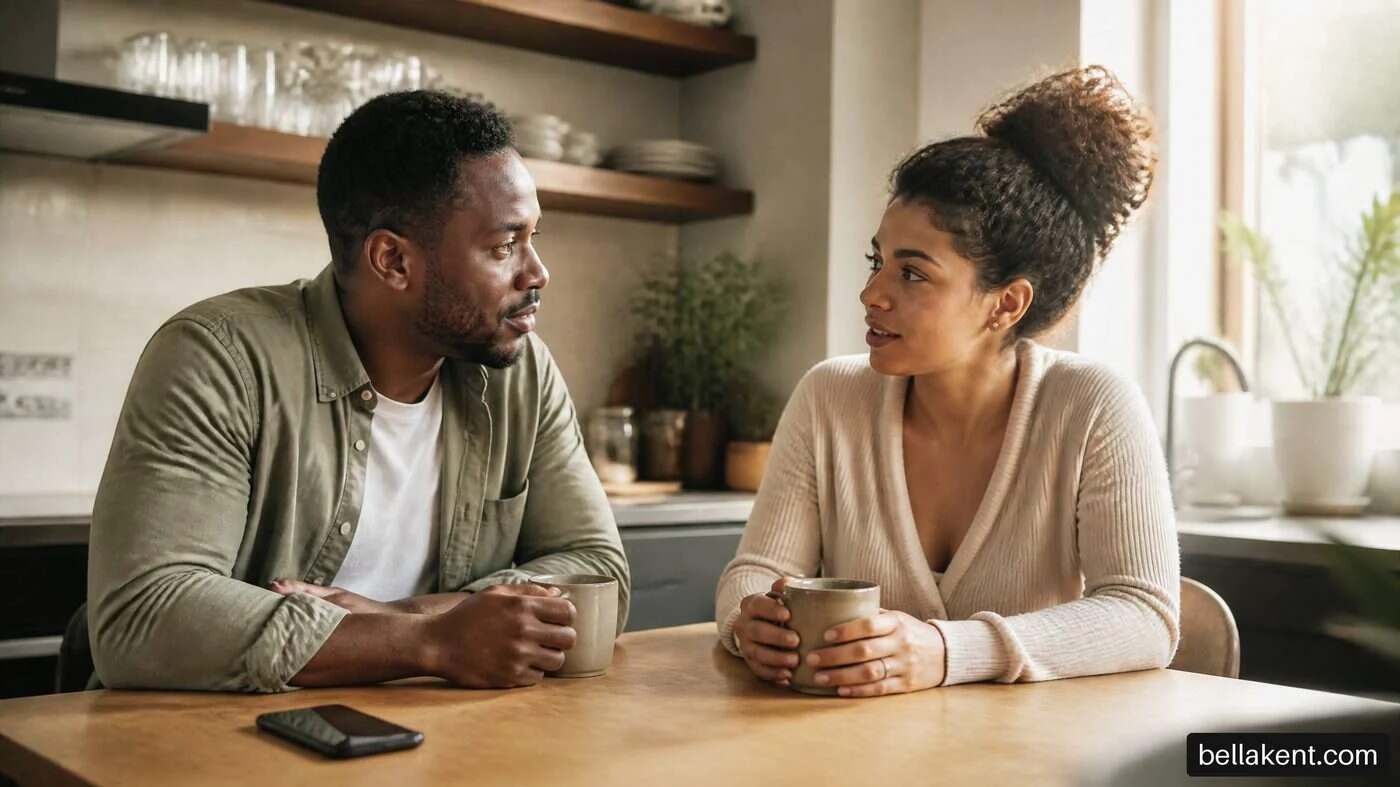Two adults talking across a kitchen table while holding plain cups.