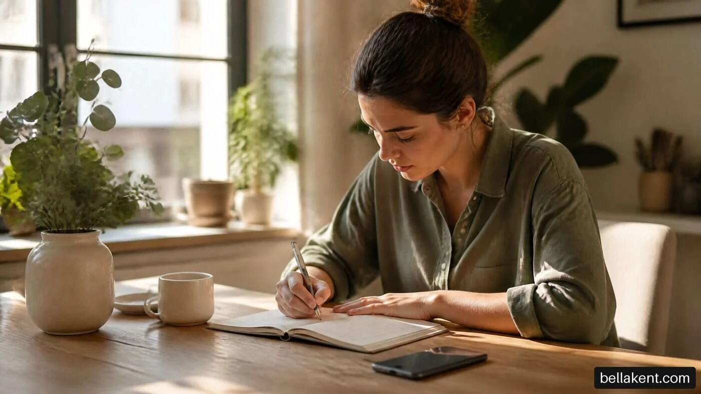 Woman writing in a notebook at a kitchen table beside a phone and cup.