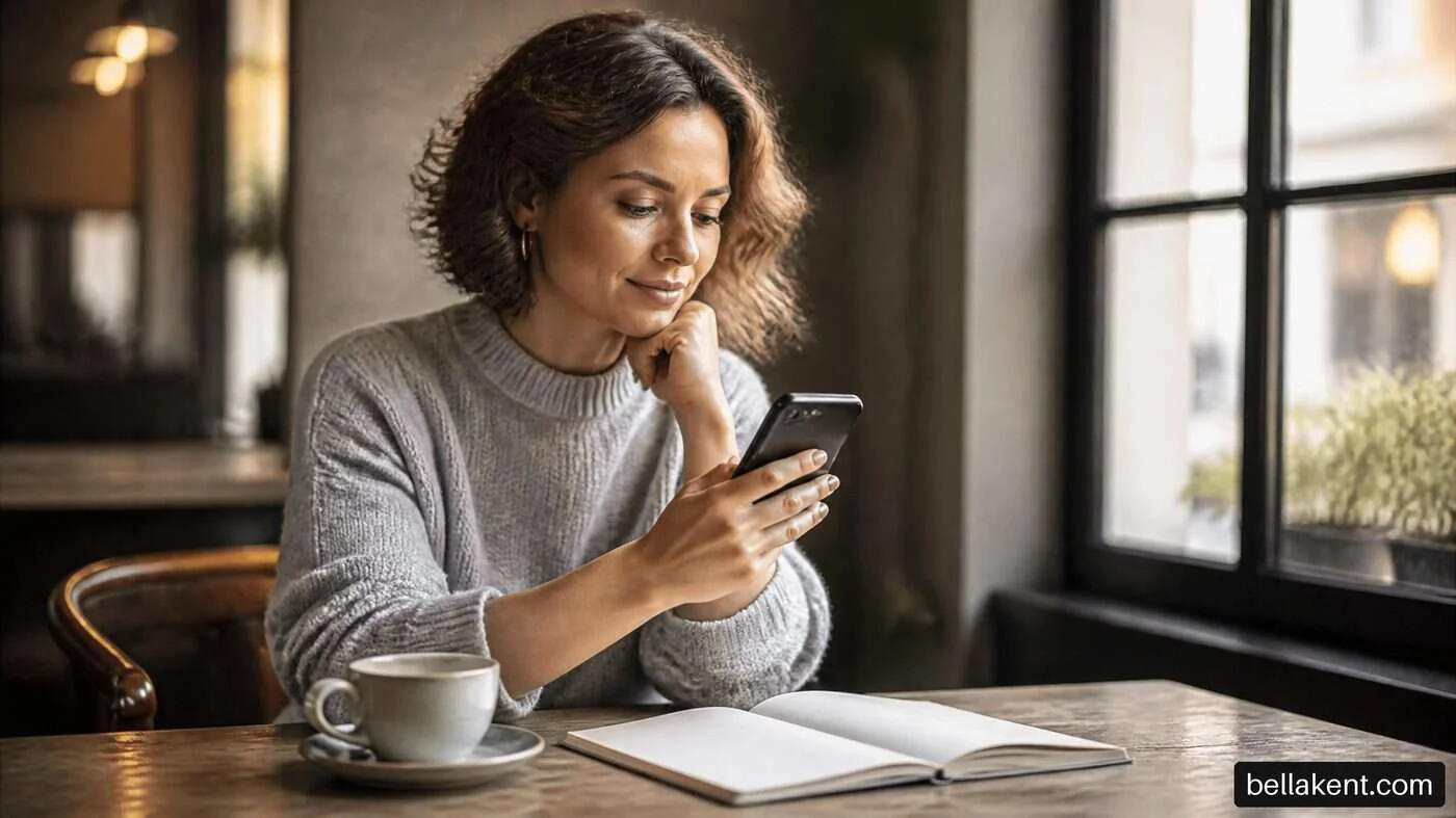 Woman looking at her phone beside an open notebook at a cafe table.
