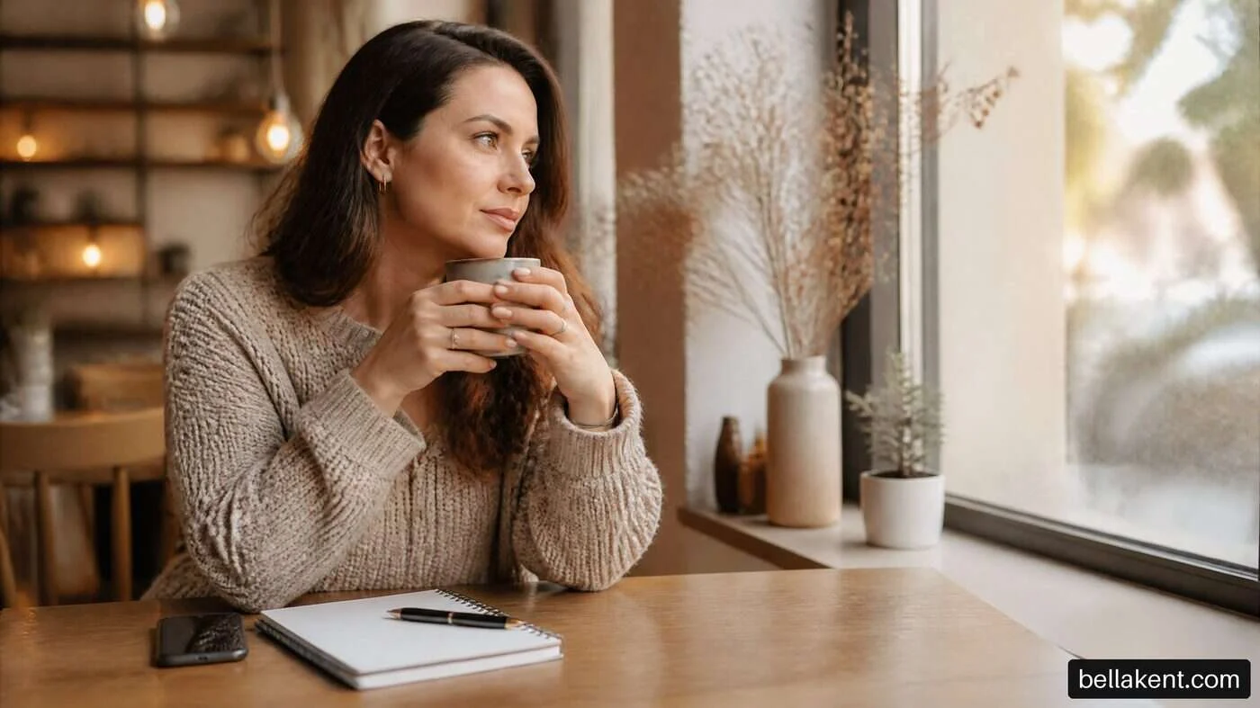 Woman holding a plain cup beside a notebook and phone at a cafe window.