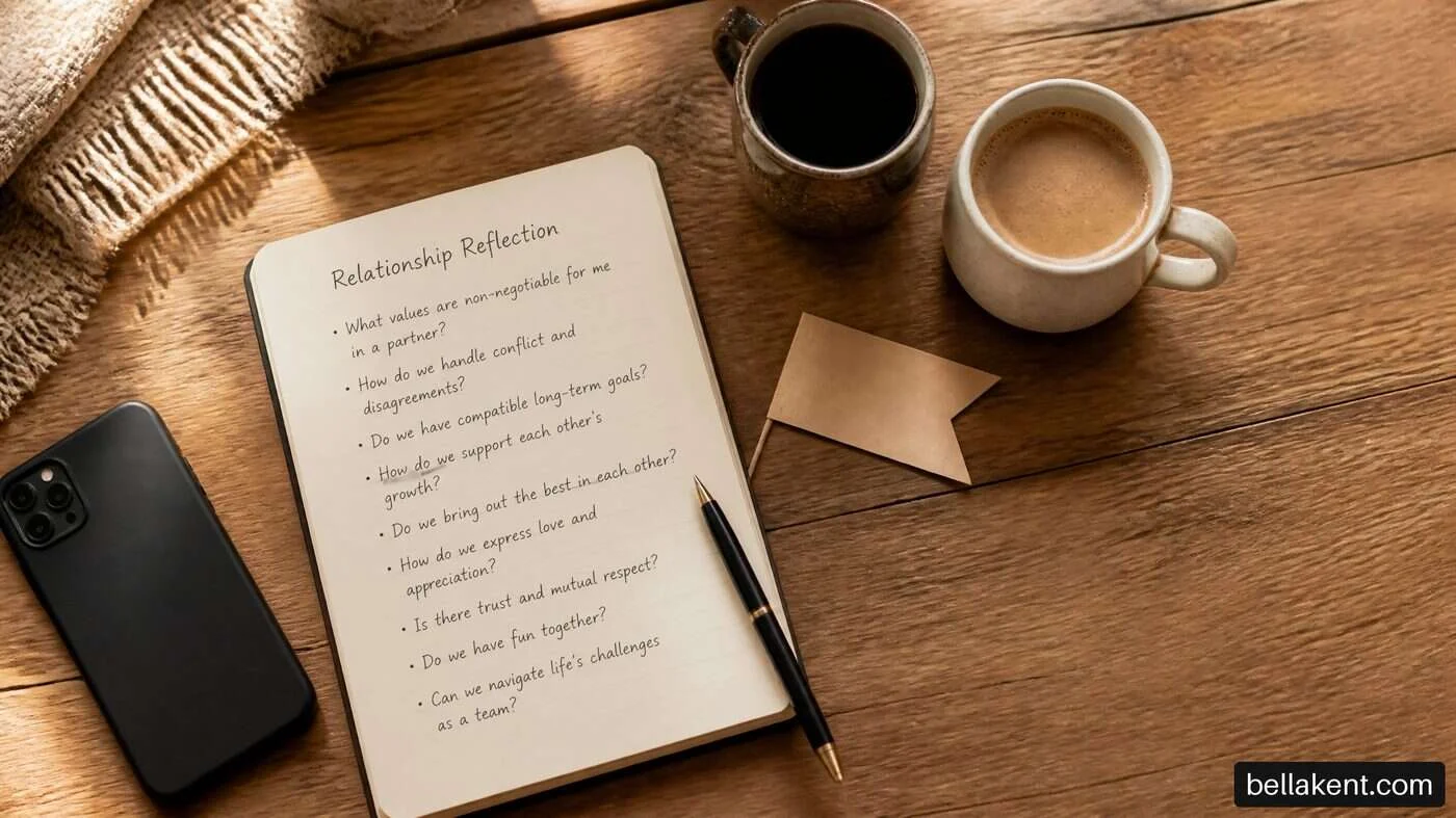 Open relationship-reflection notebook beside two cups, a phone and folded paper.