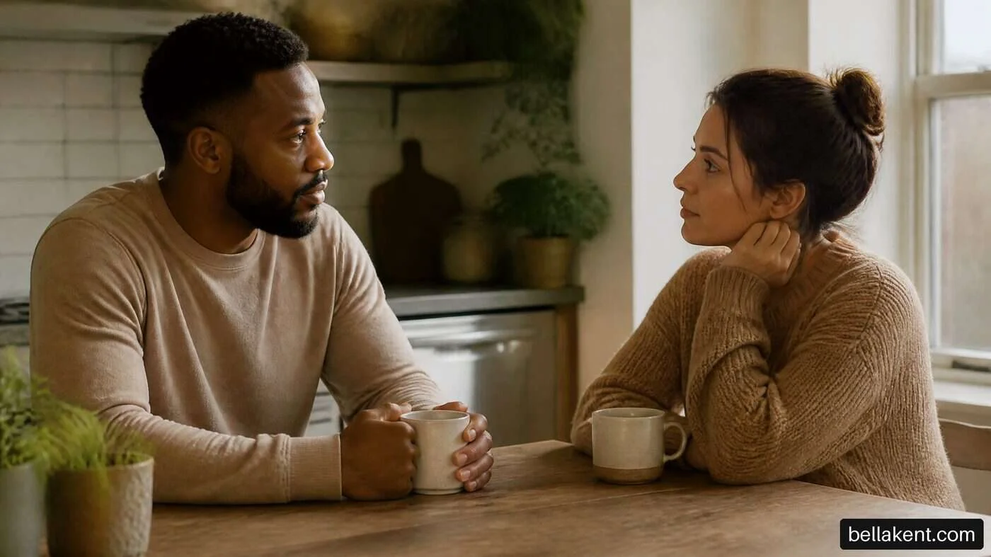 Two adults listening to each other across a kitchen table with plain cups.