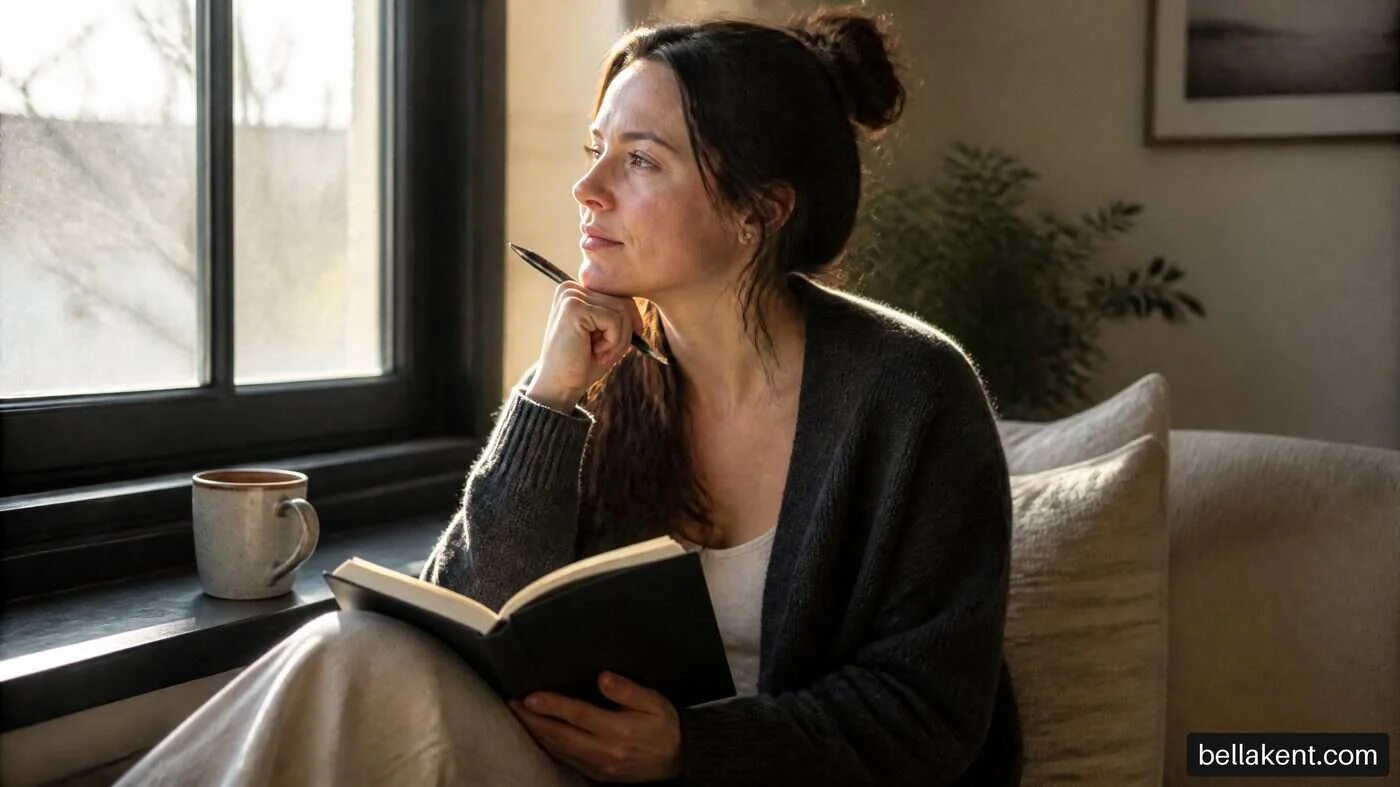 Woman holding an open notebook while looking out of a bright window.